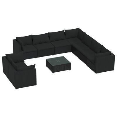 vidaXL 10 pcs conjunto lounge de jardim c/ almofadões vime PE preto