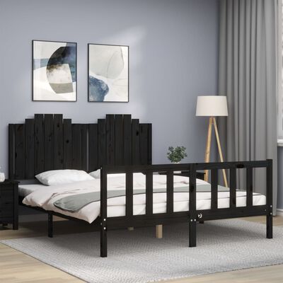 vidaXL Estrutura de cama King Size com cabeceira madeira maciça preto