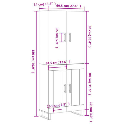 vidaXL Armário alto 69,5x34x180 cm derivados de madeira sonoma cinza