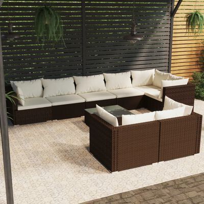 vidaXL 9 pcs conjunto lounge jardim c/ almofadões vime PE castanho