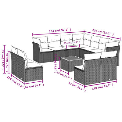 vidaXL 12 pcs conjunto de sofás p/ jardim com almofadões vime PE bege