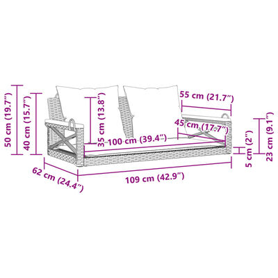 vidaXL Banco baloiço com almofadões 109x62x40 cm vime PE bege