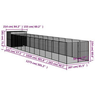 vidaXL Casota p/ cães c/ parque 214x1273x181cm aço galvaniz. antracite