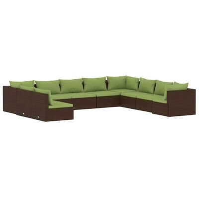 vidaXL 10 pcs conjunto lounge jardim c/ almofadões vime PE castanho