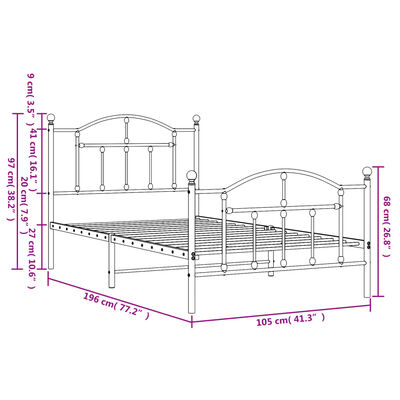 vidaXL Estrutura de cama com cabeceira e pés 100x190 cm metal preto