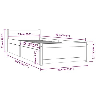 vidaXL Estrutura cama de solteiro pequena c/ gavetas 75x190 cm branco