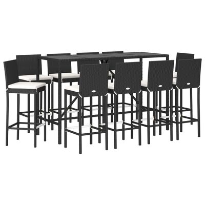 vidaXL 11 pcs conjunto de bar p/ jardim c/ almofadões vime PE preto