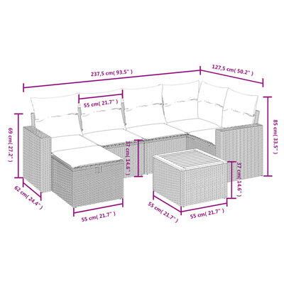 vidaXL 7 pcs conj. sofás jardim c/ almofadões vime PE bege misturado