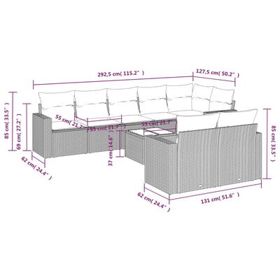 vidaXL 9 pcs conjunto sofás p/ jardim com almofadões vime PE cinzento