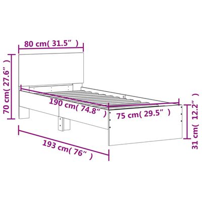 vidaXL Estrutura cama cabeceira/luzes LED 75x190 cm carvalho castanho