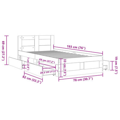 vidaXL Estrutura cama cabeceira 75x190 cm derivados de madeira preto