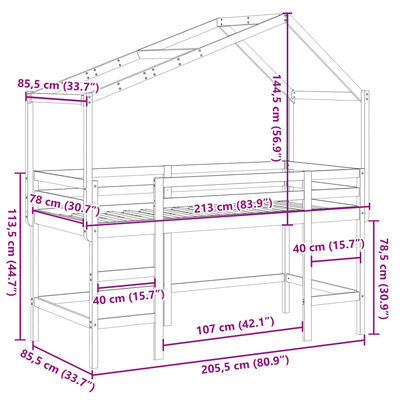 vidaXL Cama alta c/ escada e telhado 80x200 cm pinho maciço branco