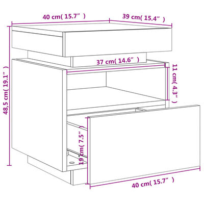 vidaXL Mesa de cabeceira c/ LEDs 40x39x48,5 cm carvalho fumado