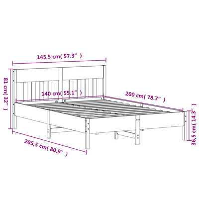 vidaXL Cama sem colchão 140x200 cm madeira pinho maciça castanho-mel