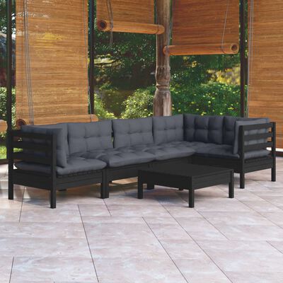 vidaXL 6 pcs conjunto lounge de jardim c/ almofadões pinho preto