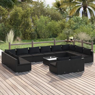 vidaXL 13 pcs conjunto lounge de jardim c/ almofadões vime PE preto