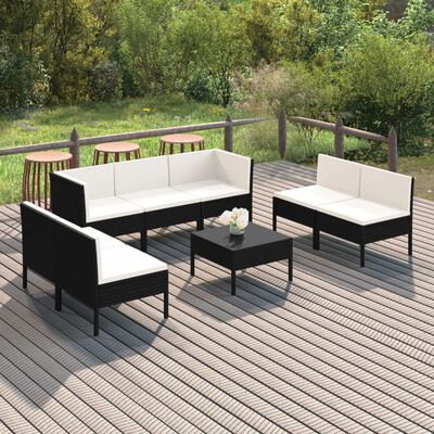 vidaXL 8 pcs conjunto lounge de jardim c/ almofadões vime PE preto