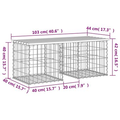 vidaXL Banco de jardim c/ design gabião 103x44x42 cm pinho maciço