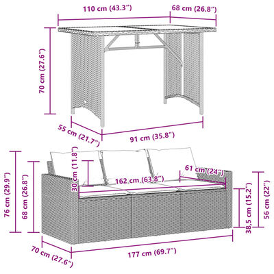 vidaXL 2 pcs conjunto jantar p/jardim c/almofadões vime PE cinza-claro