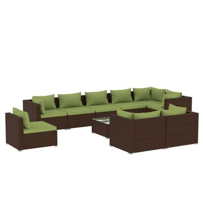 vidaXL 10 pcs conjunto lounge jardim c/ almofadões vime PE castanho