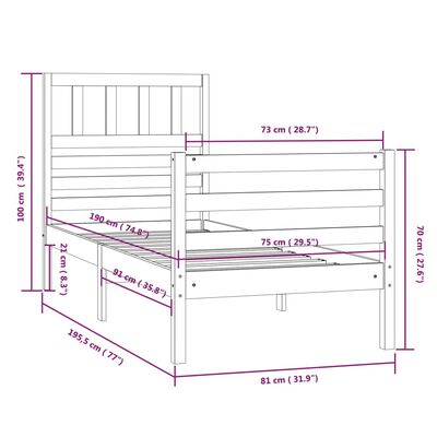 vidaXL Estrutura de cama pequena solteiro 75x190 cm madeira maciça