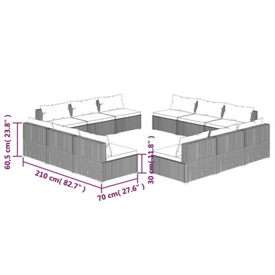 vidaXL 12 pcs conjunto lounge jardim c/ almofadões vime PE castanho