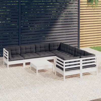 vidaXL 9 pcs conjunto lounge de jardim c/ almofadões pinho branco