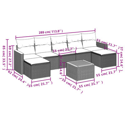 vidaXL 8 pcs conjunto de sofás p/ jardim com almofadões vime PE bege