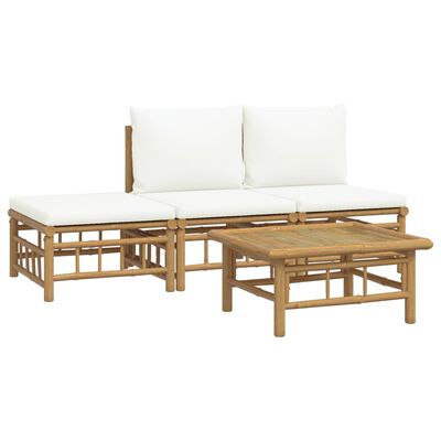 vidaXL 4 pcs conjunto lounge de jardim bambu c/ almofadões branco nata