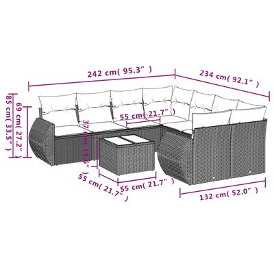 vidaXL 9 pcs conjunto sofás p/ jardim com almofadões vime PE cinzento