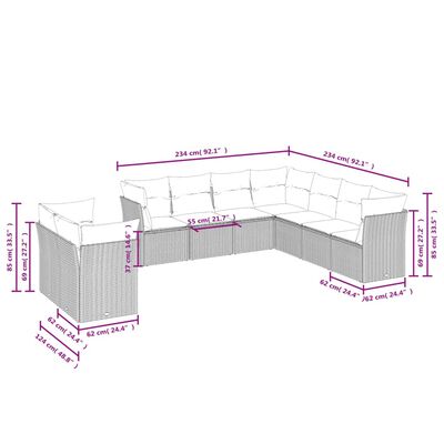 vidaXL 9 pcs conjunto de sofás p/ jardim com almofadões vime PE bege