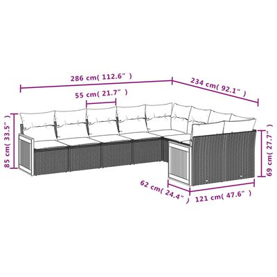 vidaXL 9 pcs conjunto de sofás p/ jardim com almofadões vime PE bege