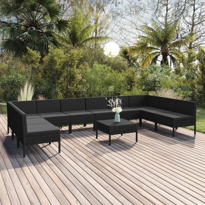 vidaXL 11 pcs conjunto lounge de jardim c/ almofadões vime PE preto