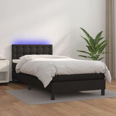 vidaXL Cama box spring c/ colchão/LED 90x200 cm couro artificial preto