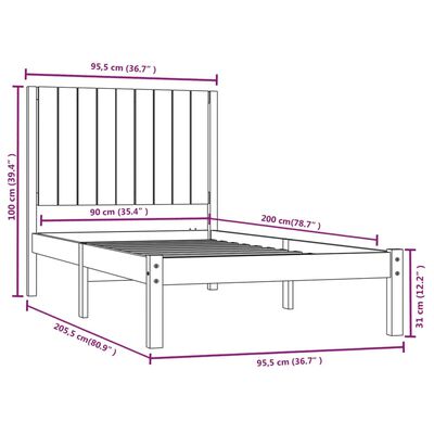 vidaXL Estrutura cama solteiro 90x200 cm pinho maciço cinzento