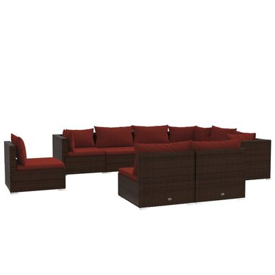 vidaXL 9 pcs conjunto lounge jardim c/ almofadões vime PE castanho