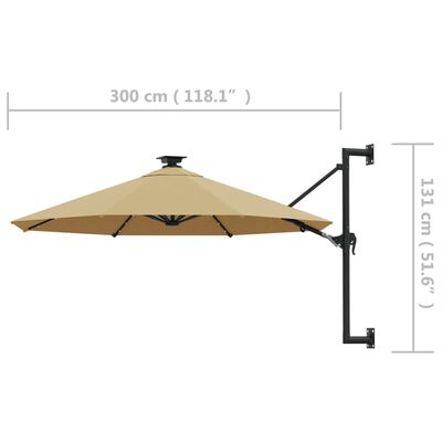 vidaXL Guarda-sol p/ jardim parede c/ luz LED 300 cm cinza-acastanhado