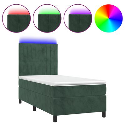 vidaXL Cama box spring c/ colchão/LED 90x190 cm veludo verde-escuro