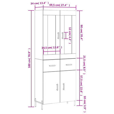 vidaXL Armário alto 69,5x34x180 cm derivados de madeira sonoma cinza