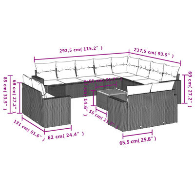 vidaXL 13 pcs conjunto de sofás de jardim com almofadões vime PE preto