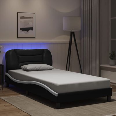 vidaXL Estrutura cama c/ luzes LED 100x200cm couro artif. preto/branco