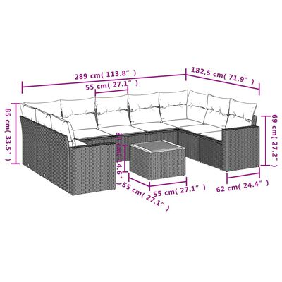 vidaXL 10 pcs conjunto sofás de jardim c/ almofadões vime PE preto