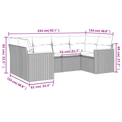 vidaXL 6 pcs conjunto sofás de jardim c/ almofadões vime PE preto