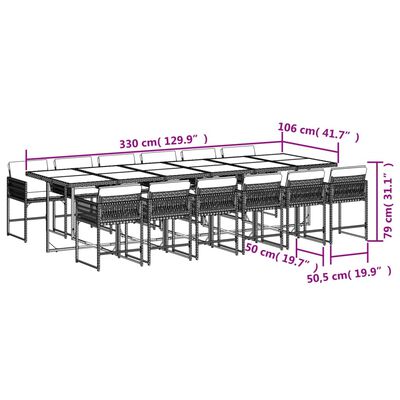 vidaXL 13 pcs conjunto jantar p/ jardim c/ almofadões vime PE cinzento