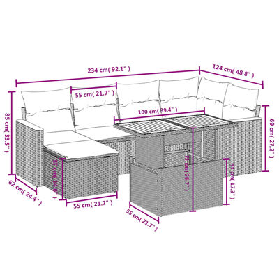 vidaXL 7 pcs conjunto de sofás p/ jardim c/ almofadões vime PE preto