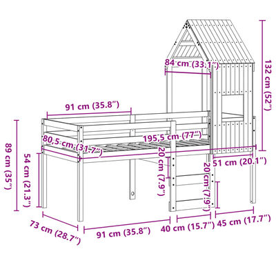 vidaXL Cama alta com telhado 75x190 cm pinho maciço