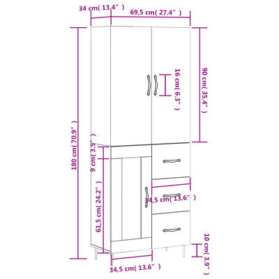 vidaXL Armário alto 69,5x34x180 cm derivados de madeira cinza cimento