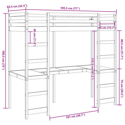 vidaXL Cama alta sem colchão 75x190 cm pinho maciço branco