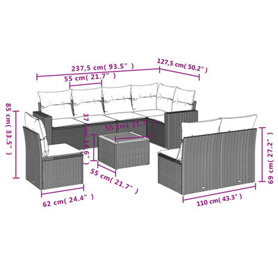 vidaXL 9 pcs conjunto de sofás p/ jardim c/ almofadões vime PE preto