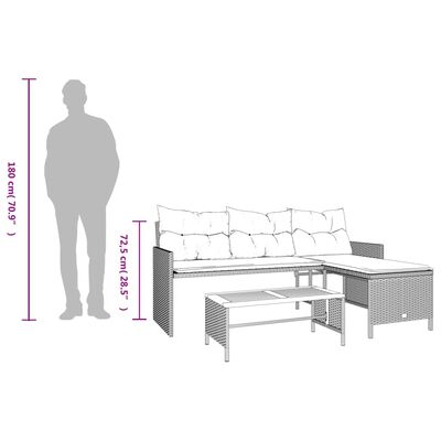 vidaXL Sofá de jardim forma de L c/ mesa e almofadões vime PE bege